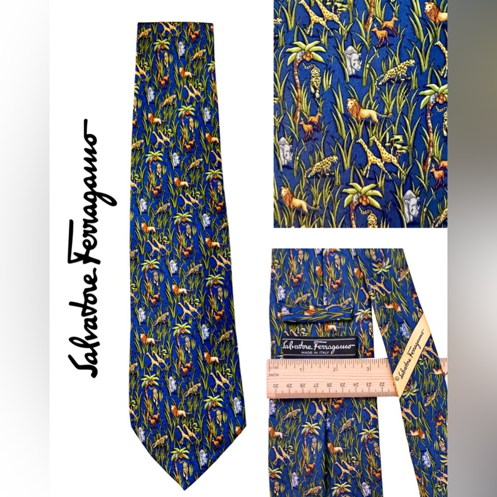 Salvatore Ferragamo Men’s Blue Jungle Print Silk Tie